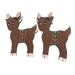 set of 2 hand painted craved Christmas reindeer wood artwork decor Rudolph READ